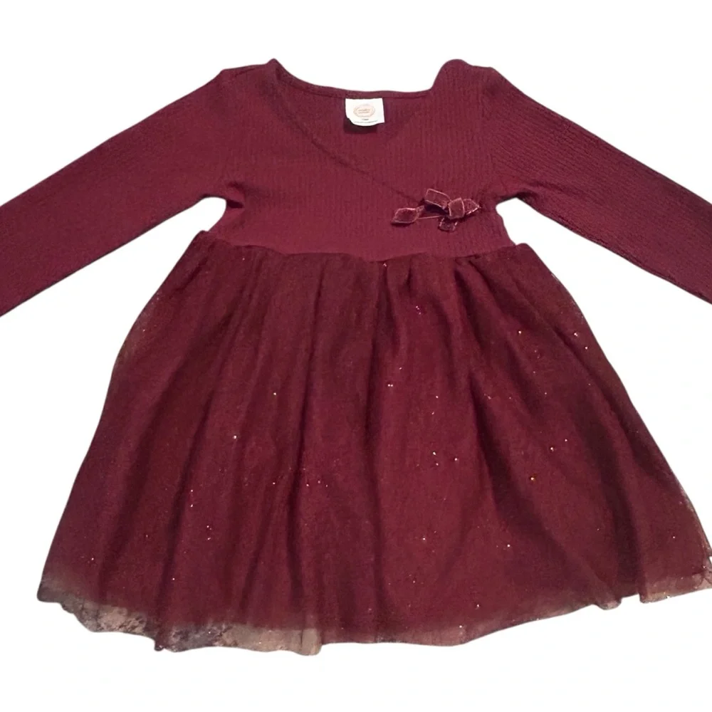 Wonder Nation Baby Girl Dress 18M Long Sleeve Burgundy Tulle Sparkle Bow‎